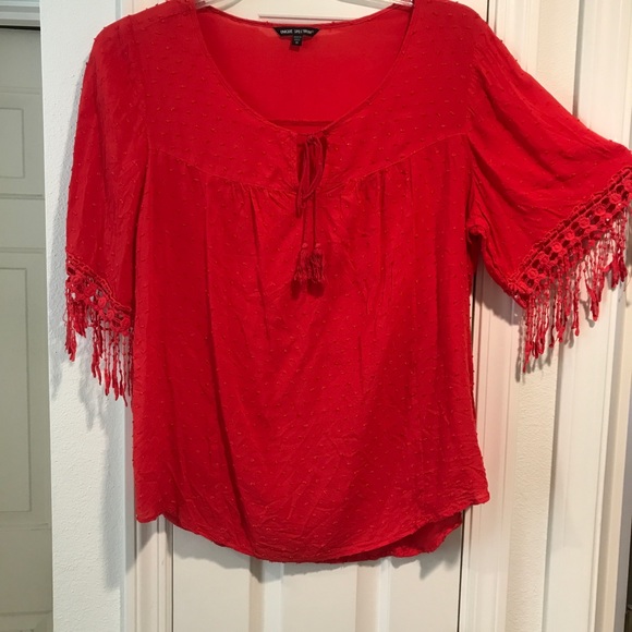 Misses red rayon fringed top XL (says 1X but..) - Picture 1 of 5